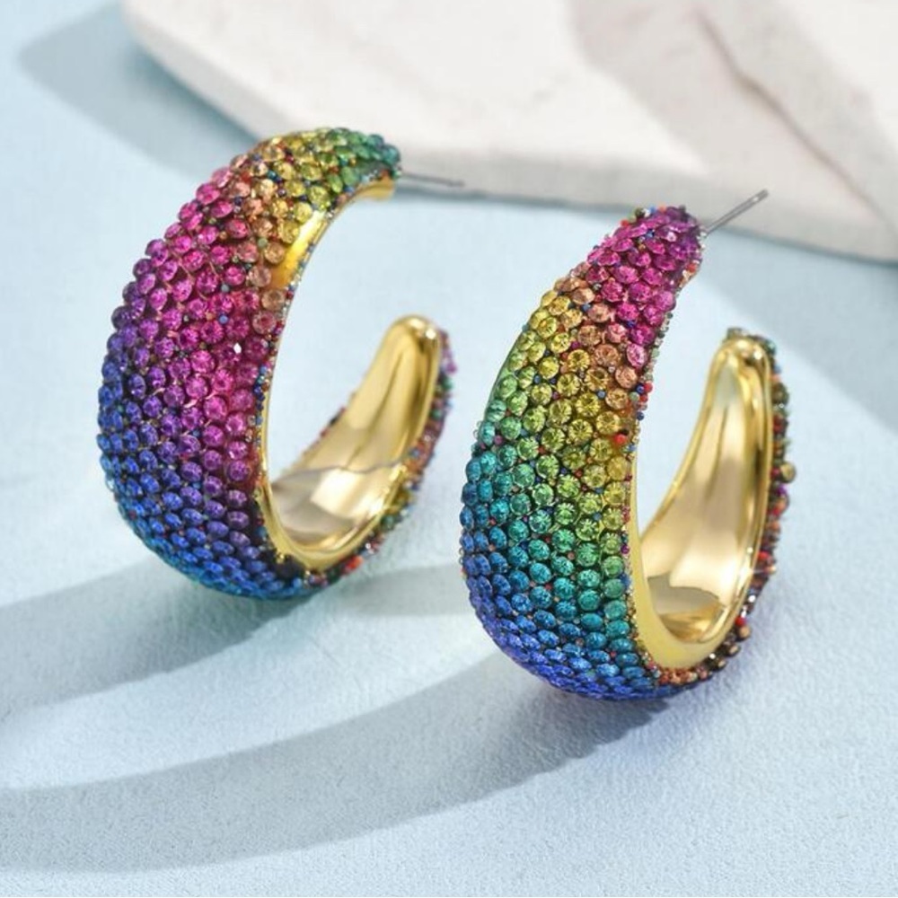 Rainbow rhinestone C shape hoop earrings